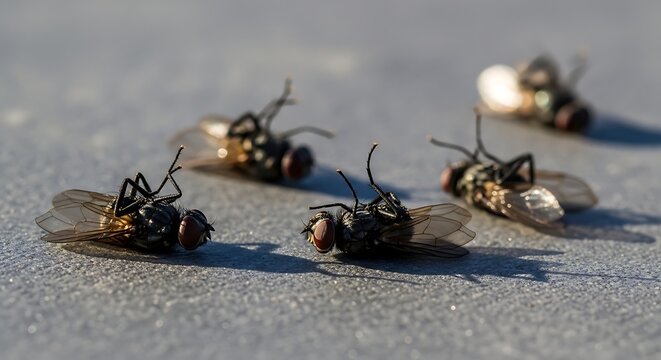 Dead flies on gray surface outdoors.