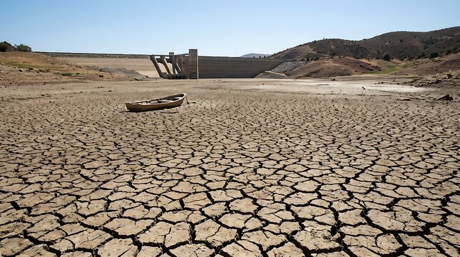 Dry cracked lake bed with boat and dam