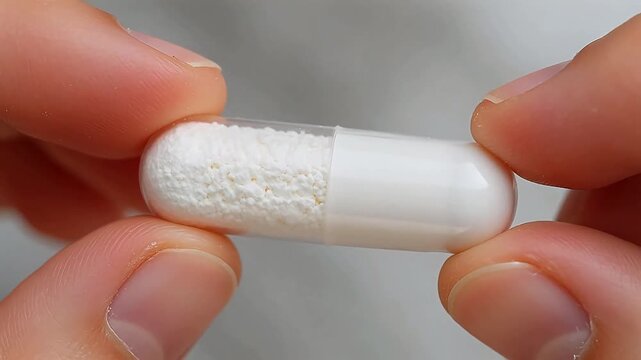 Hand holding open pill capsule with granules emphasizing healthcare innovation and patient well-being