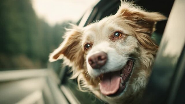 Joyride's Delight: A happy dog with its head out the car window, enjoying the thrill of a joyride. The wind playfully ruffles its fur, showcasing pure bliss and adventure.