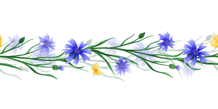 A seamless watercolor border with cornflowers. The illustration is hand drawn in a simple style and is suitable for wallpaper, textiles, cards and cosmetic packaging.