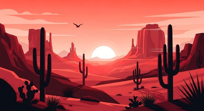 Desert landscape illustration cactus mountains and sunset scenic artwork