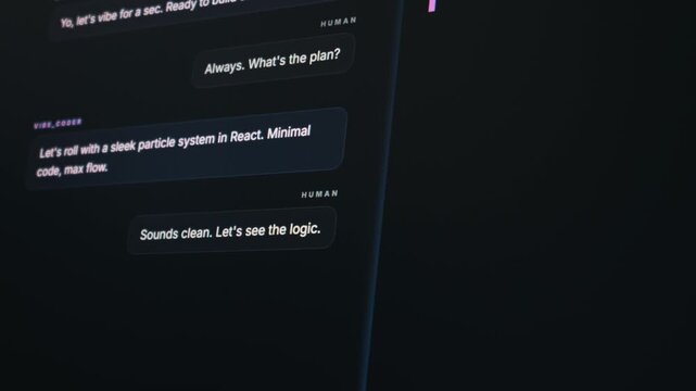 Chat interface shows a human interacting with an AI agent called Vibe Coder to develop a React particle system. Concept of vibe coding, artificial intelligence, and software development.