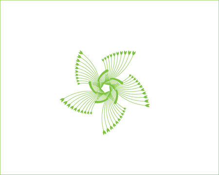 Symmetrical geometric pattern resembling stylized flower or pinwheel, four curved green arms radiating from central blue dot, arms formed by multiple thin green lines ending in leaf‑like shapes