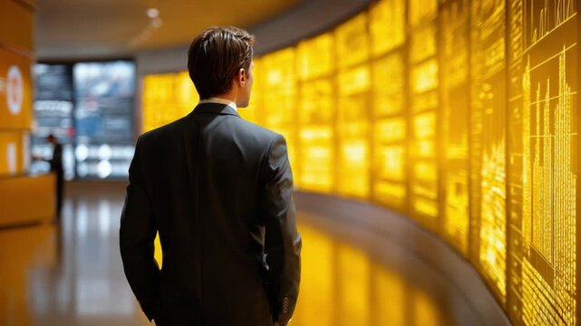 A Moment of Reflection: A sophisticated person stands with their back to the camera, captivated by the glow of illuminated panels in a modern, architectural space, perhaps a museum or gallery.