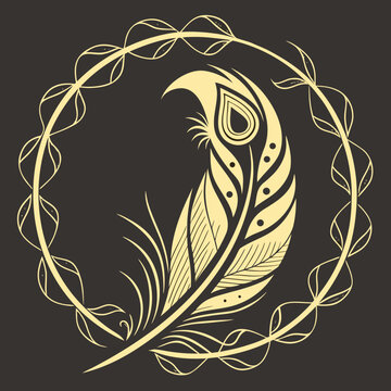 Golden peacock feather in a decorative circle