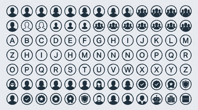 User avatar and profile placeholder vector icons in monochrome style with letters and symbols for ui design