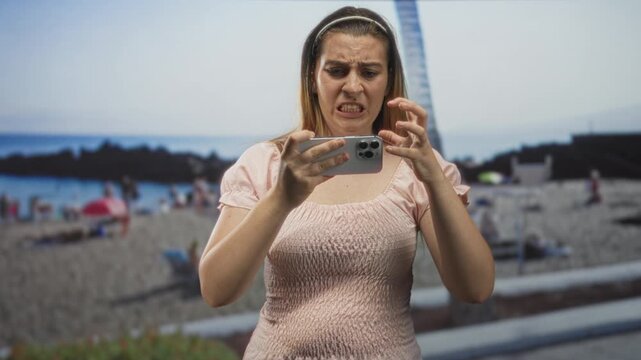Woman frowning and holding a smartphone with both hands on a beach, staring at the screen while tapping with thumbs; digital frustration.