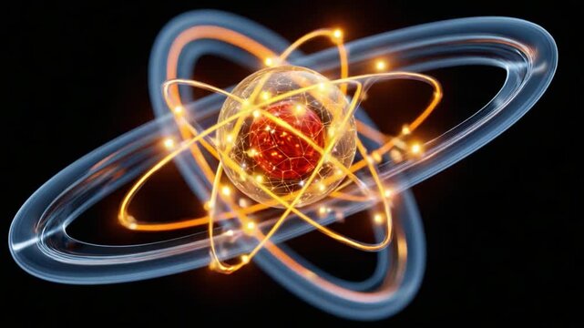 Atom in Action: A vibrant illustration of an atom, showcasing its core structure and the energetic paths of its orbiting particles.