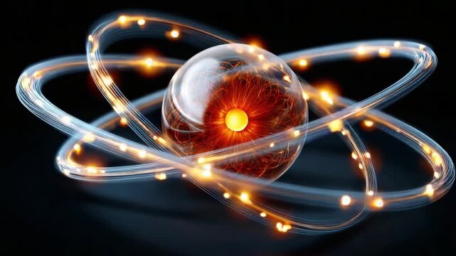 Atomic Energy's Dance: An artistic representation of an atom, with electrons orbiting the nucleus, shimmering with energy and light.