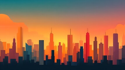 Fototapeta premium Vibrant Cityscape Silhouette under a Sunset. Capturing the essence of urban life and the beauty of a colorful sky