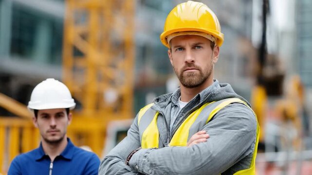 Construction Crew: A construction worker stands confidently with arms crossed, exuding professionalism and determination, with another worker in the background.