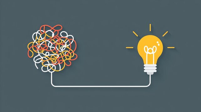 A simple illustration of untangling a complex problem. The image features a tangled mess connected to a glowing lightbulb representing an idea or solution.