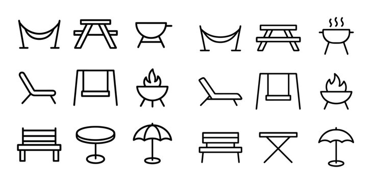Outdoor furniture and barbecue icons shown in uniform grid composition