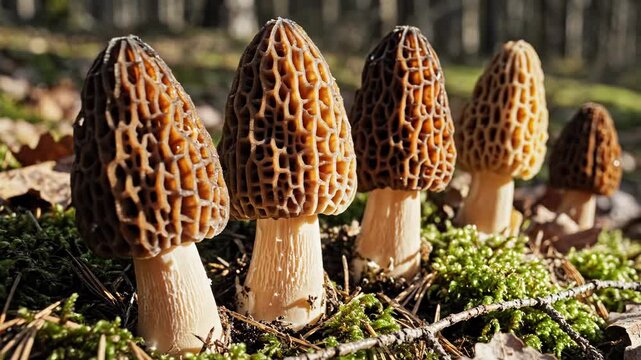 Close-up view of five wild morel mushrooms growing in a row on a mossy forest floor. The image highlights the distinctive honeycomb-textured caps and thick white stalks in natural sunlight.
