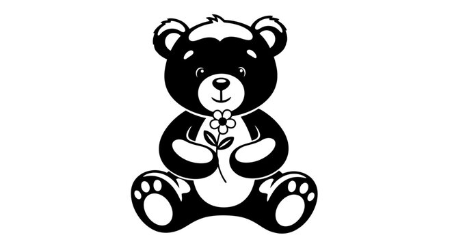 Cute Black and White Teddy Bear Holding a Flower.