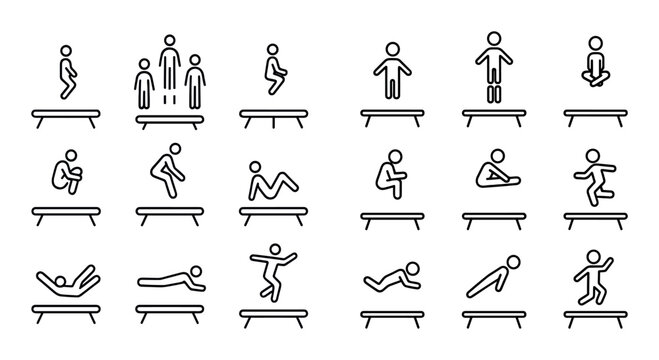 Series of trampoline silhouette icons performing jumps and flips