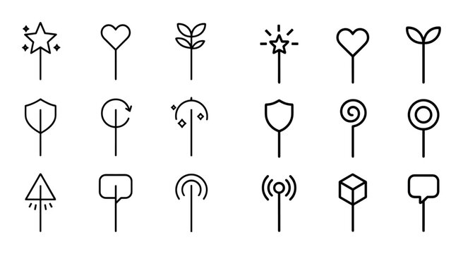 Symbol topped stick icons arranged in three row grid