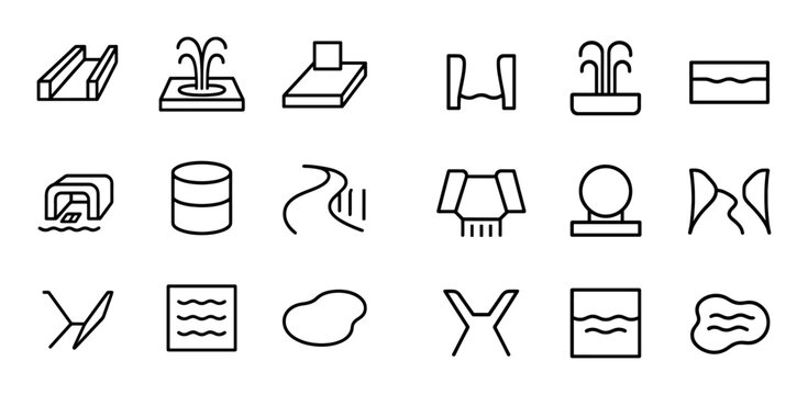 Water infrastructure and fountain icons in assorted set
