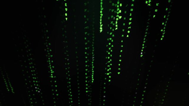 Green glowing characters and code stream vertically down a dark screen in a classic matrix style. The digital rain creates a sense of high-tech data processing or cyber security.