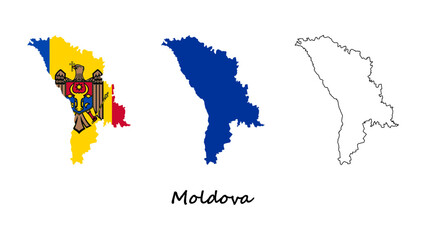 Fototapeta premium Moldova map set. Moldova map vector on flag, blue, and outline. Moldova map on white background