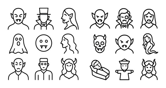 Fantasy creature and monster face icons arranged in grid on white background