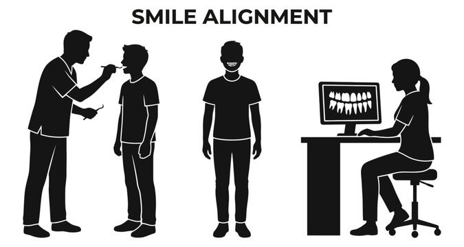 Dentist examining patient's teeth during smile alignment consultation with dental X-ray on computer screen