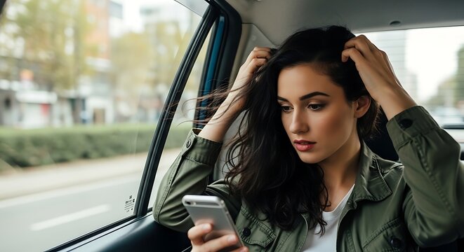 Woman stressed in a car looking phone.