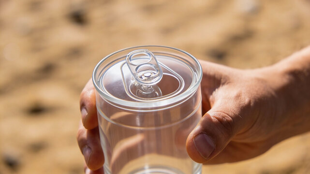 A person's hand holds a transparent, clear plastic beverage can with a ring-pull lid against a sunny, blurred sandy background.