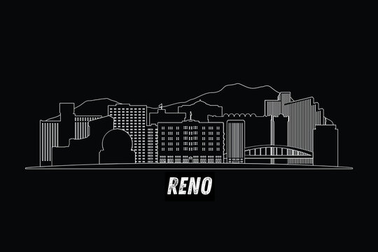 Minimal Reno, Nevada, USA skyline line art with iconic landmarks and modern architecture isolated on black background illustration.