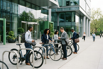 Obraz premium Business people arriving at work by bike, putting bikes into bike racks outside building.