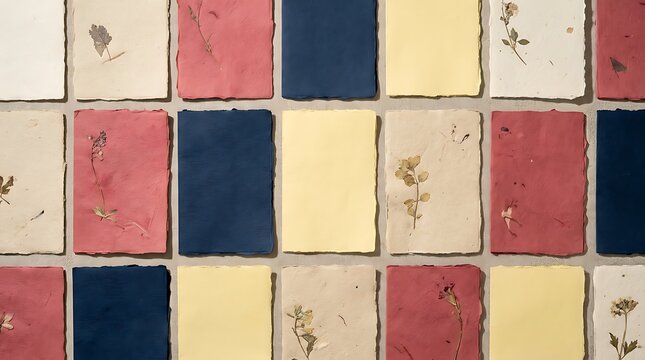 A grid of various colored handmade paper sheets with pressed dried flowers and rough edges on a light-colored surface arts and crafts.