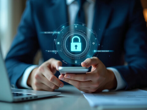Close-up of person using smartphone with digital shield and lock icon. Concept of cybersecurity, mobile data protection, secure authentication, and digital identity safety.