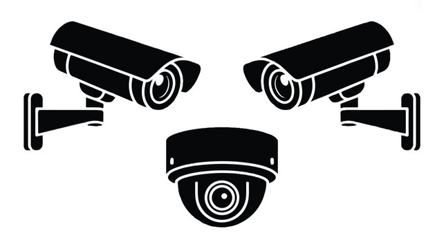 Three black security cameras mounted on a white background closely monitored