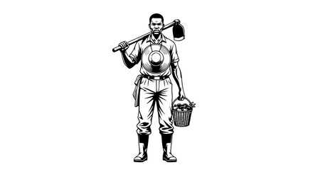 Fototapeta premium Black farmer holding hoe and basket of produce, black and white illustration