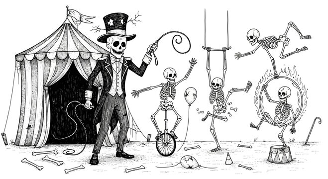 Skeleton dressed as circus ringmaster standing.
