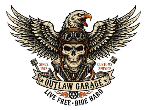 Angry skeleton biker badge with eagle wings and engine pistons for custom outlaw garage