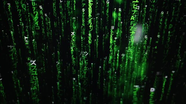 Digital code characters in a matrix style cascade down a dark screen with vibrant green lighting. Glowing white symbols emerge within the streams to create dynamic visual depth.