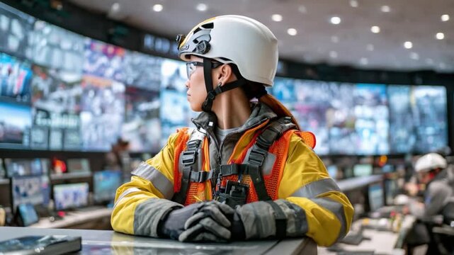 Focused Operator in Control Room: A determined operator, adorned in protective gear, maintains vigilant watch in a high-tech control room.