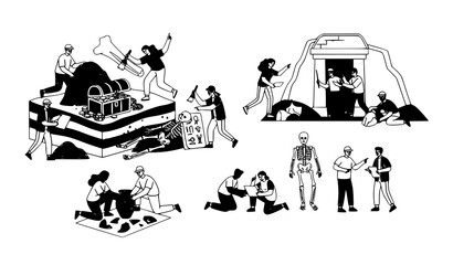 Ancient archaeology exploration and excavation researchers studying fossils artifacts and historical discoveries vector illustration © BijoyChandra