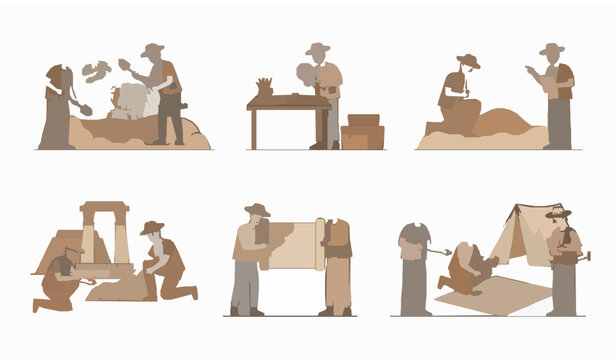 Archaeological research and exploration activity vector set with archaeologists excavating ancient artifacts and fossils