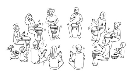 Obraz premium Diverse group playing djembe drums in a circle, enjoying rhythmic music and community.