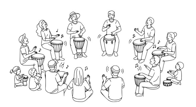 Diverse group playing djembe drums in a circle, enjoying rhythmic music and community.