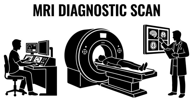 Medical professional operating MRI diagnostic scan with patient and brain scans during examination