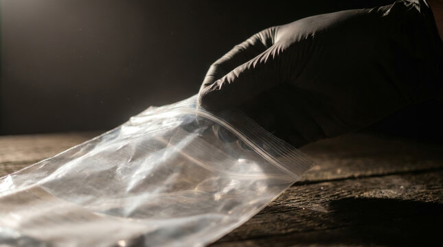 Illicit drug transaction, a hand in a black glove holding a clear plastic baggie, illegal substance trafficking, dark and gritty crime scene evidence