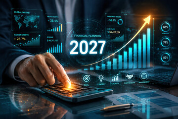 Fototapeta premium Business growth, financial data analysis, and economic forecasting trend for 2027.