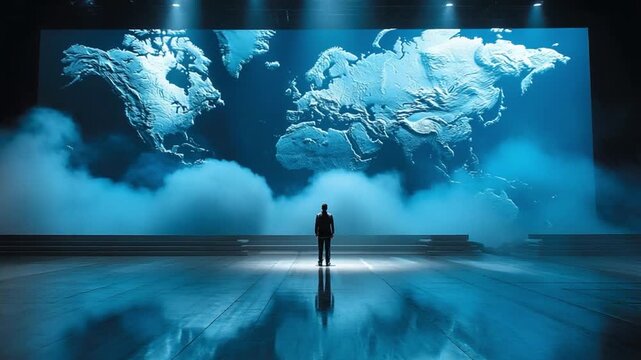 Global Perspective: A solitary figure stands before a massive, illuminated world map, the surrounding mist creates a sense of scale and contemplation.
