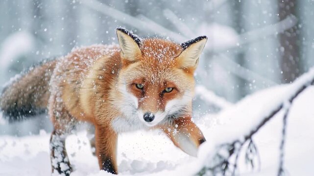 A red fox hunting in a snowy landscape, captured in a dynamic winter wildlife scene. The fox is shown alert and focused as it moves through the snow in search of prey, highlighting its sharp instincts