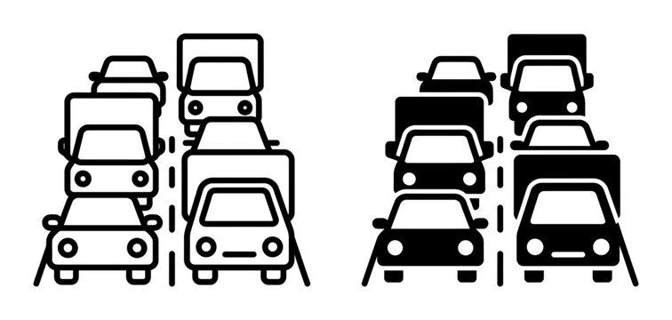 Traffic jam icon set with cars and trucks on highway, outline and solid style, white background, vector Illustration