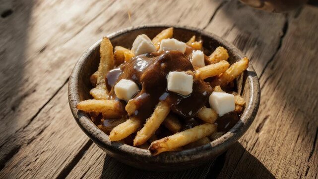 Poutine with cheese curds and gravy in rustic wooden bowl